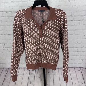 Adrianna Papell Brown and White Collared Sweater Size Large
